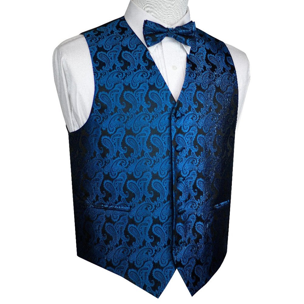 Men's Formal Wedding Prom Homecoming Tuxedo Vest Bow-Tie Hankie - Royal Paisley
